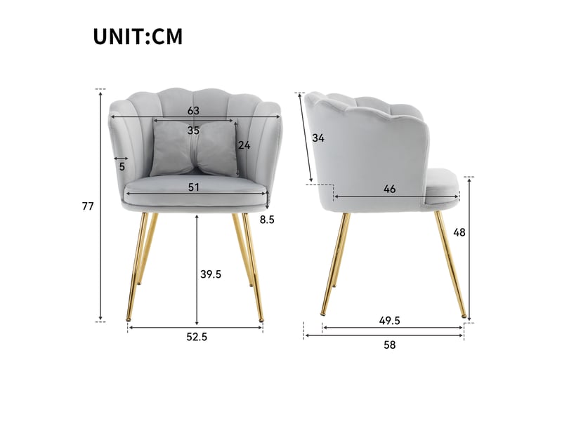  Fauteuil décoratif ulevr en velours gris, dossier pétale, coussin papillon et pieds métalliques dorés, 63 x 58 x 77 cm  - Conforama C