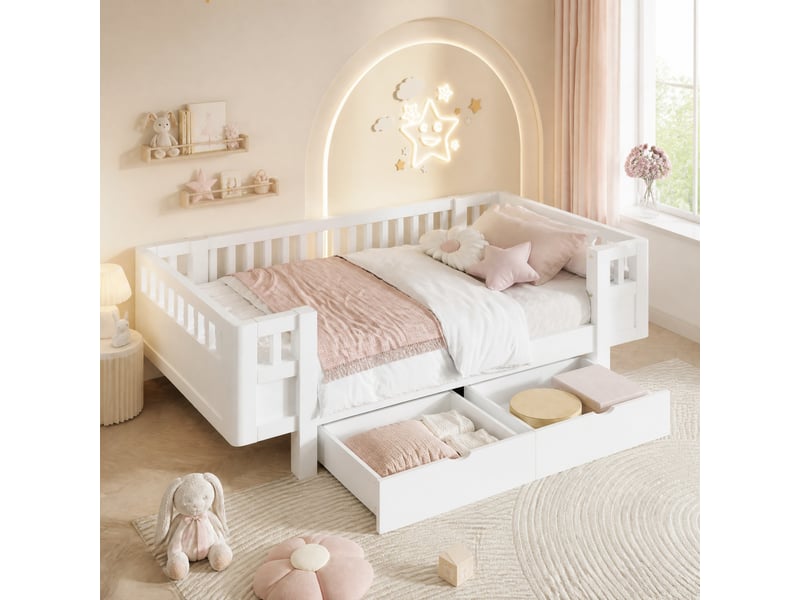  Lit enfant 90x200 cm avec barrière de protection et 2 tiroirs en bois et mdf blanc  - Conforama D