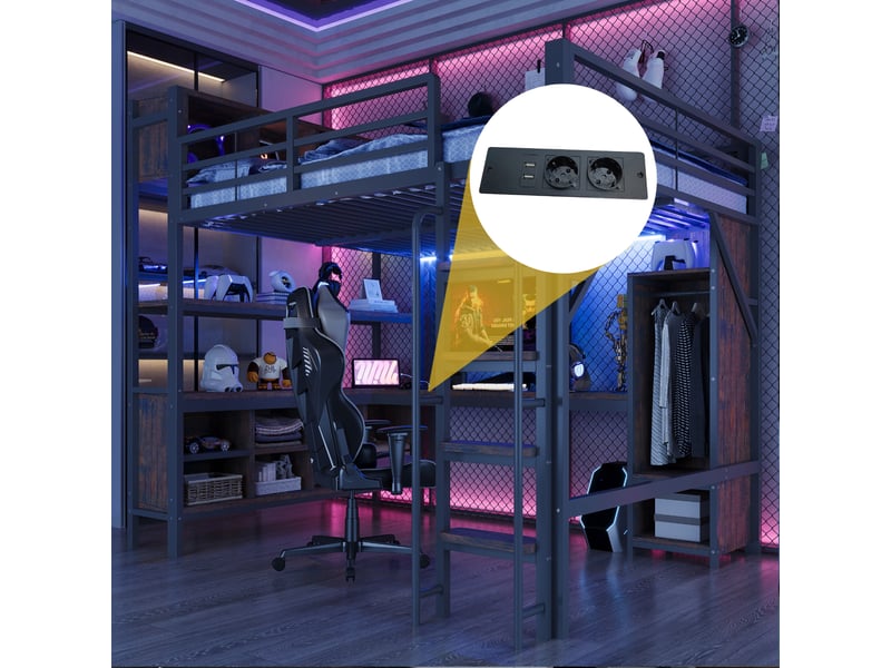  Lit mezzanine 140x200 cm, lit enfant, bureau, armoire, barrière antichute, led, métal noir  - Conforama D