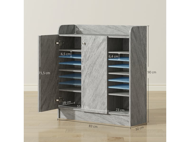  Meuble à chaussures avec espace pour 12 paires de chaussures avec 2 portes et 4 compartiments ouverts pour l'entrée en gris  - Conforama C