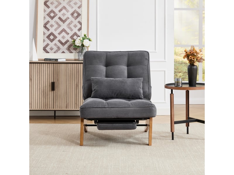 Fauteuils - fauteuil relax avec repose-pieds et coussin lombaire, dossier réglable, pieds bois, velours côtelé, 127×73×90 cm - gris foncé - Conforama C