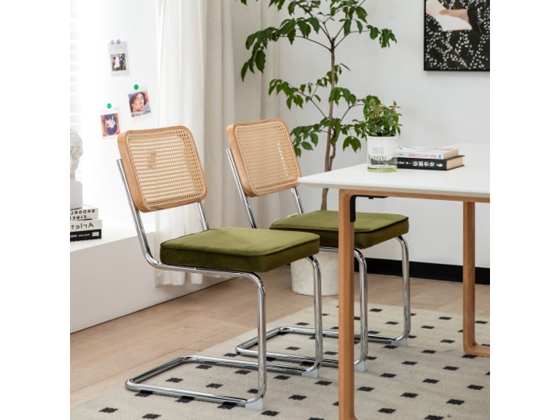  Ensemble de 4 chaises à manger velours et rotin, pieds chromés – design mid-century breuer, assises tapissées  - Conforama B