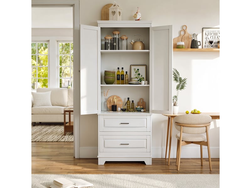  Armoire de rangement haute 70 x 47 x 185 cm - buffet colonne 2 portes 2 tiroirs étagères réglables – mdf – blanc  - Conforama D
