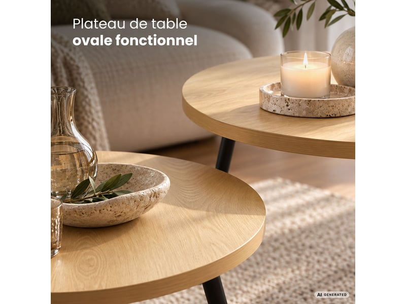  Lot de 2 tables basses twino coloris bois naturel 52 cm rondes pieds noirs 52x52x45 cm et 38x38x38 cm TWINO - Conforama D