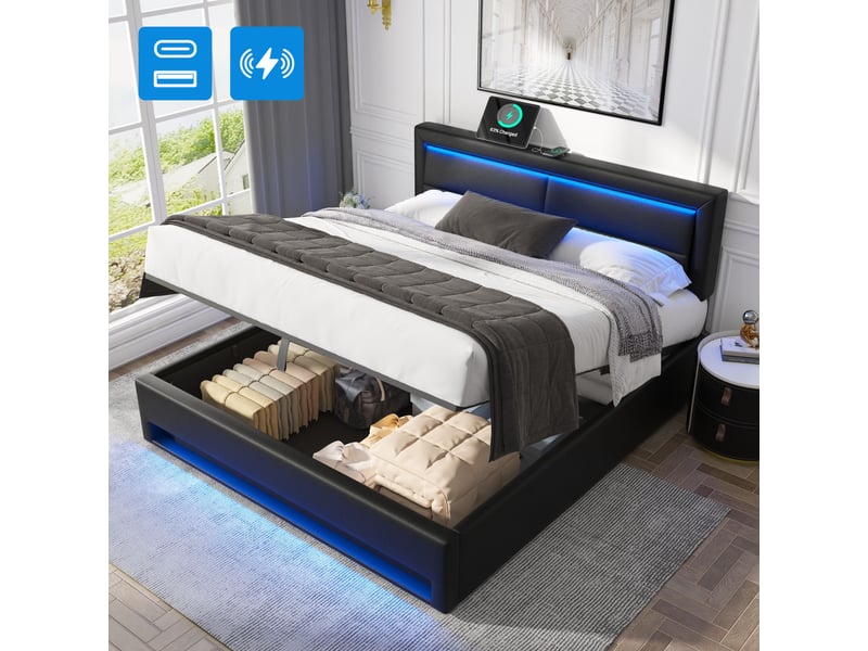  Lit rembourré 140 x 200 cm avec rangement sous le lit, éclairage led, ports usb et recharge sans fil, revêtement pu gris Fay Lum - Conforama B