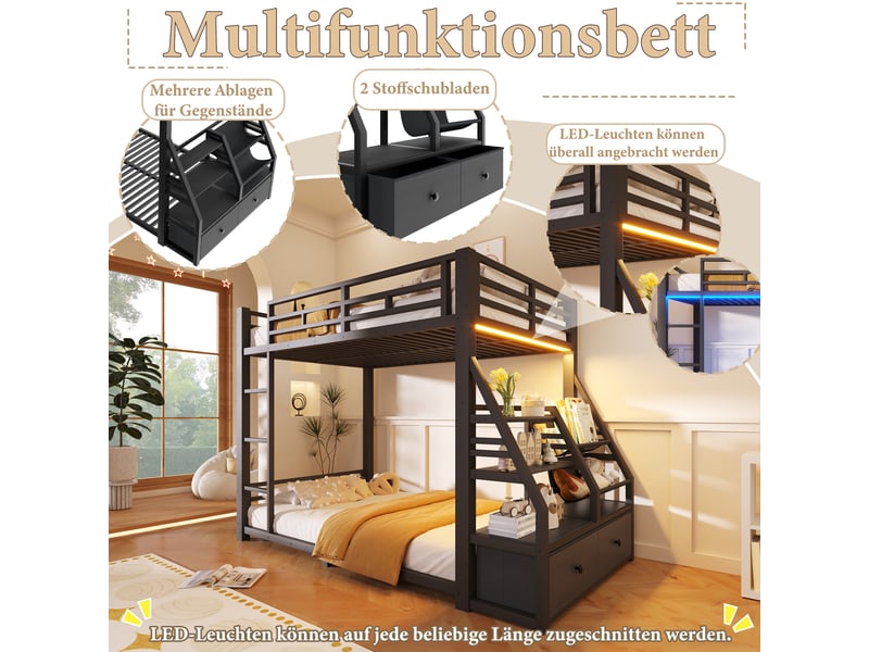  Lit superposé enfant 90x200 cm en métal - led intégrée, échelle avec barrières de sécurité, 2 tiroirs en tissu, noir  - Conforama D