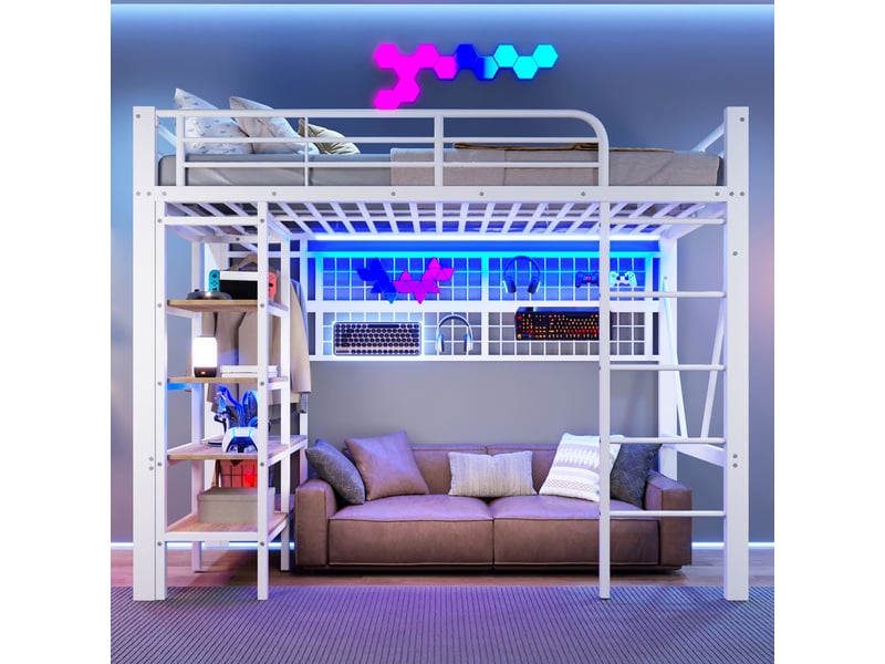  Lit mezzanine 140 x 200 cm cadre en fer éclairage led barre de penderie compartiment de rangement filet de suspension noir  - Conforama B