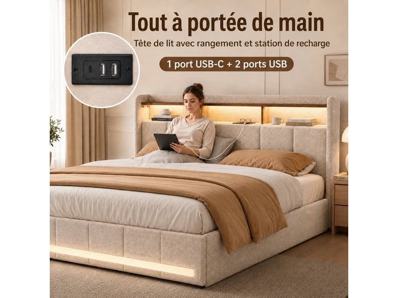  Lit 2 places 160x200 cm - lit capitonné avec led et usb - lit adulte avec 4 tiroirs - lit de rangement avec sommier à lattes - lin beige  - Conforama R