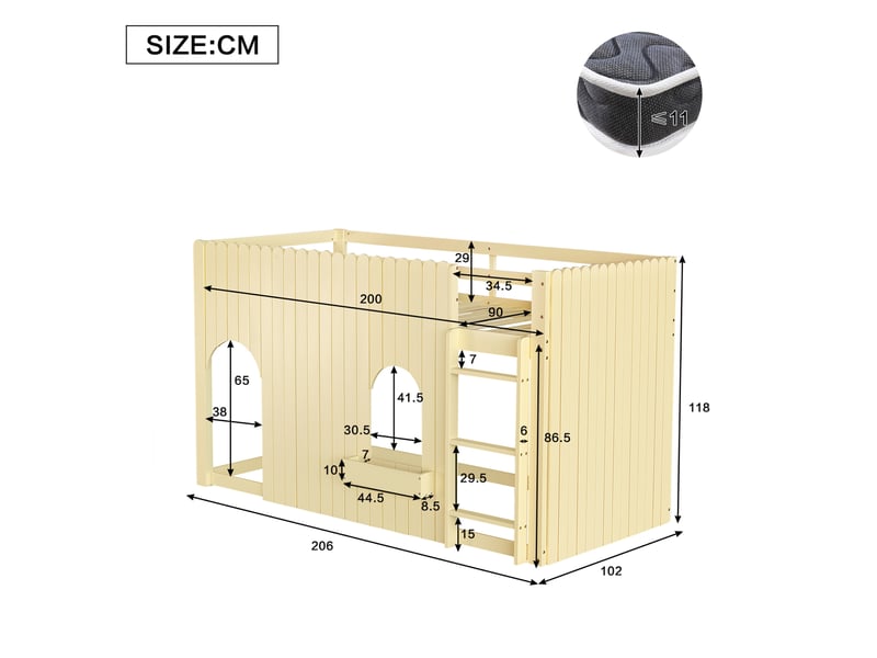 Lit mezzanine 90x200 cm éclairage led multicolore, en bois et mdf coloris naturel - Conforama E