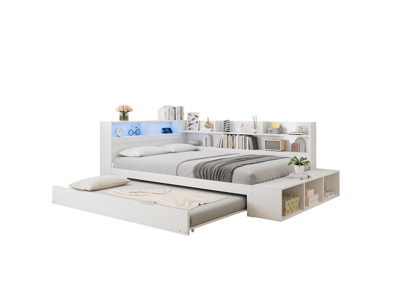  Lit gigogne 2 places 120 × 200 cm et 90 × 190 cm, led, port de charge, rangements, sans matelas, blanc  - Conforama A