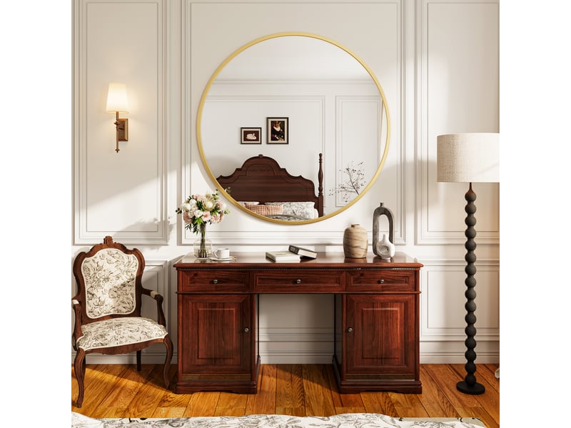 Miroir mural rond 75 cm doré,verre trempé,miroir mural haute définition,cadre métal et crochet,pour chambre,entrée,salle de bain - Conforama D