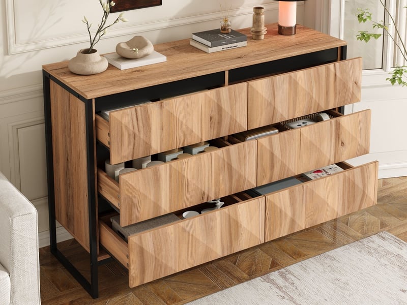  Commode à 6 tiroirs, 120 x 40 x 80 cm, façades géométriques en relief et cadre métallique, effet bois naturel et noir  - Conforama B