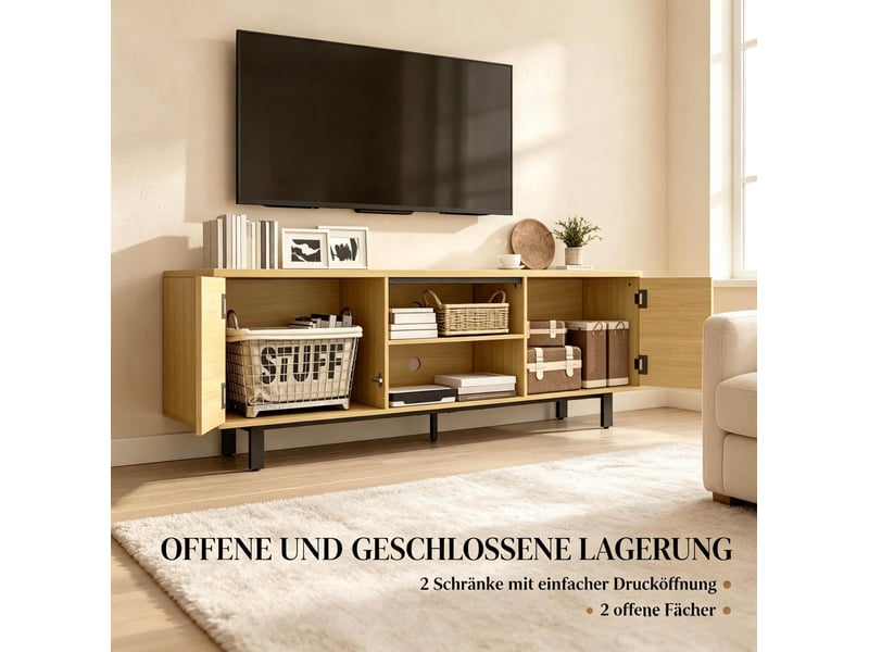 Meuble tv modenvie 160 cm 2 portes push-open 2 niches coloris naturel et noir  - Conforama E