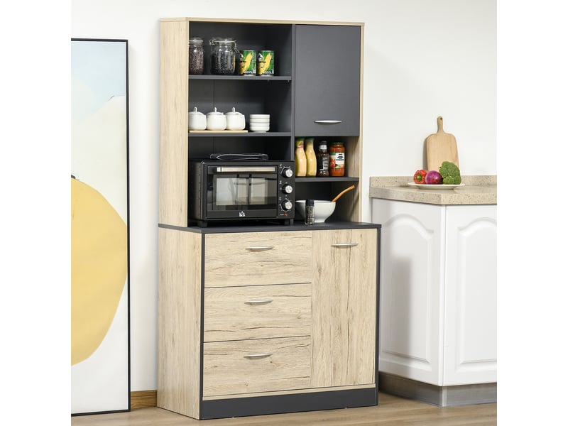 Buffet de cuisine moderne meuble de rangement en bois 2 placards 3 tiroirs 3 étagères 90x39x169 cm gain de place T1005-01-00822 - Conforama E