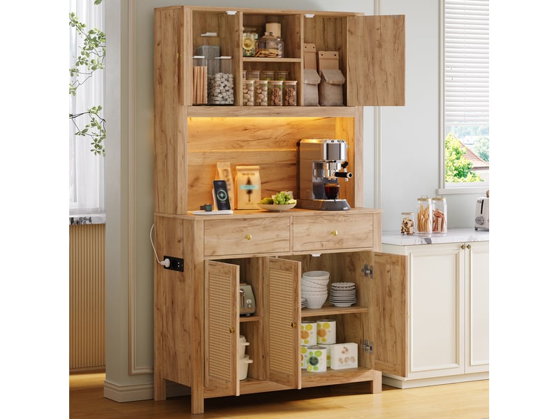  Buffet haut avec led et prises, 5 portes en rotin, 2 tiroirs, 100 x 40 x 180 cm evryae  - Conforama C