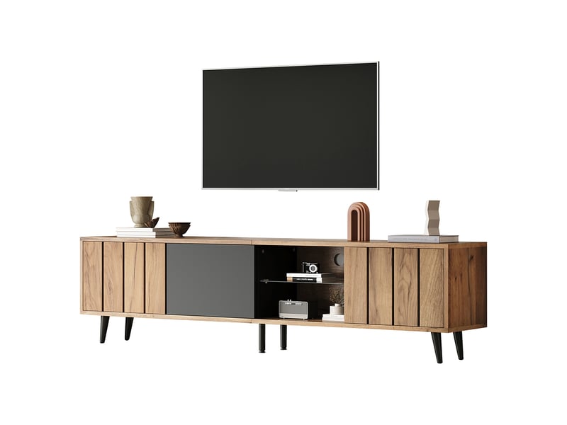 Meuble tv bas avec 3 armoires simple couleur bois origine raccords noirs pour salon adapté tv 75 pouces  - Conforama B