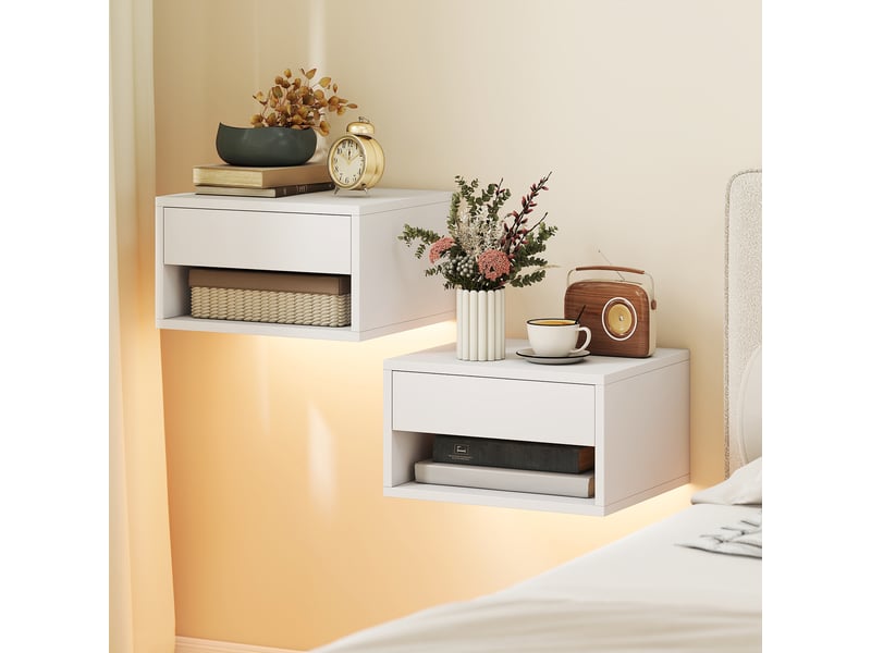  Ensemble de 2 tables de chevet suspendues avec led rgb intégrées et réglables via application, tiroir et étagère, 37 x 32 x 21 cm, blanc  - Conforama C