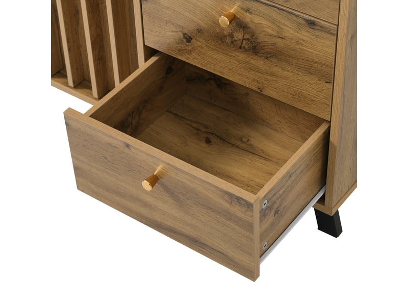  Commode à 3 tiroirs et 2 portes, 120 x 40 x 85 cm, portes à lattes et niche ouverte, effet chêne foncé  - Conforama E