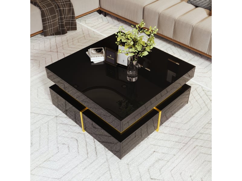  Table basse noire, table de salon laquée brillante, table d'appoint avec tiroirs et détails dorés  - Conforama B
