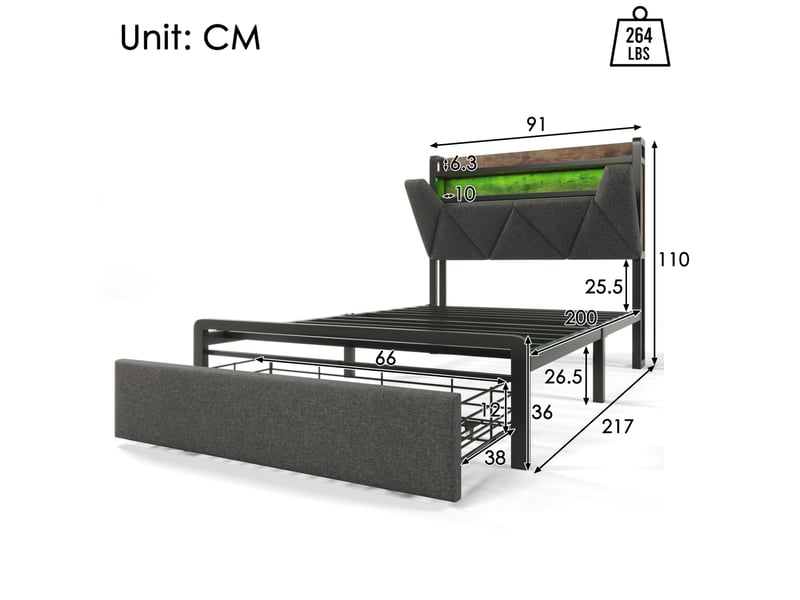  Modenvie lit 1 place 90x200 cm - avec led, ports usb-c et tête de lit avec rangement - gris  - Conforama C
