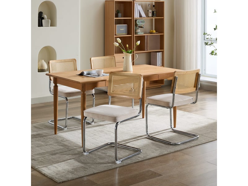  Lot de 2 chaises de salle à manger – velours beige, dossier rotin, base chrome - chaise idéales pour cuisine et salle à manger - style vintage  - Conforama C