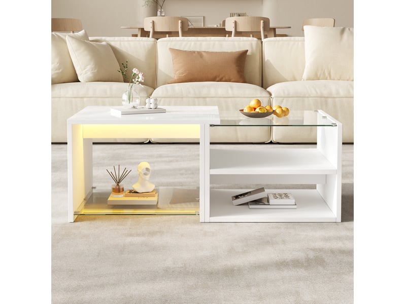  Table basse rectangle 100x50x38 cm éclairage led contrôlée par application, en panneau de particules, coloris blanc  - Conforama B