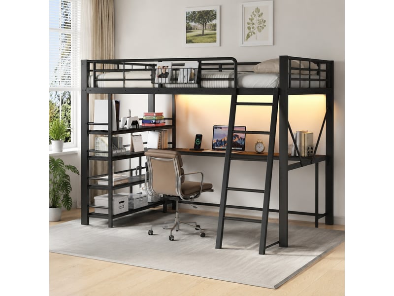  Lit mezzanine double 140×200 cm bureau, led réglable et usb  - sans matelas métal mdf noir  - Conforama C