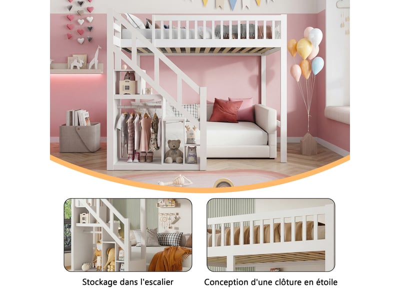  Lit mezzanine enfant 140x200 cm avec escalier et rangements, lit simple avec barrières de sécurité, structure en bois blanc, sans matelas  - Conforama E