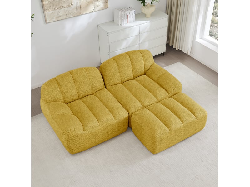 Canapé modulaire d'angle 210x165x79cm, sans structure, assise spacieux avec pouf, canapé comprimé, tissu bouclette, jaune - Conforama D