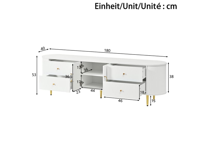  Meuble tv avec 2 tiroirs, double porte, étagère fixe et passe-câble pour salon, 180 × 40 × 38 cm, en mdf blanc  - Conforama D