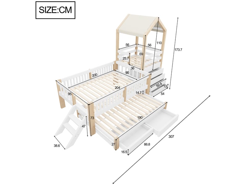  Lit gigogne 90x190 cm - lit cabane enfant 90x200 cm - 4 tiroirs, escalier et toit en tissu - blanc  - Conforama C