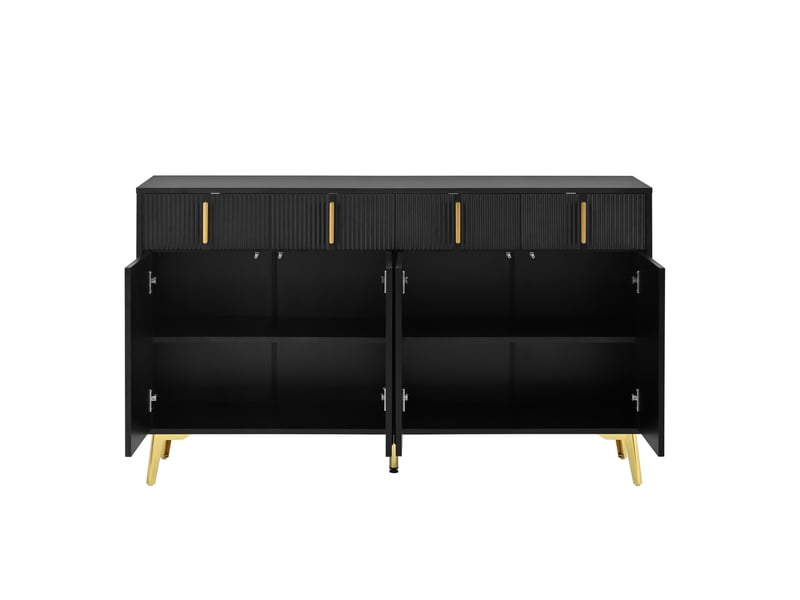 Buffet 4 portes et 4 tiroirs 140x38x82 cm en mdf noir à poignées dorées - Conforama R