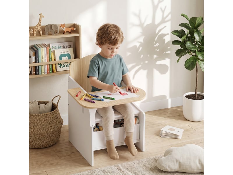  Ensemble table et chaises pour enfants de 3 à 5 ans, en mdf avec motifs de cœurs et rangement intégré, blanc.  - Conforama C