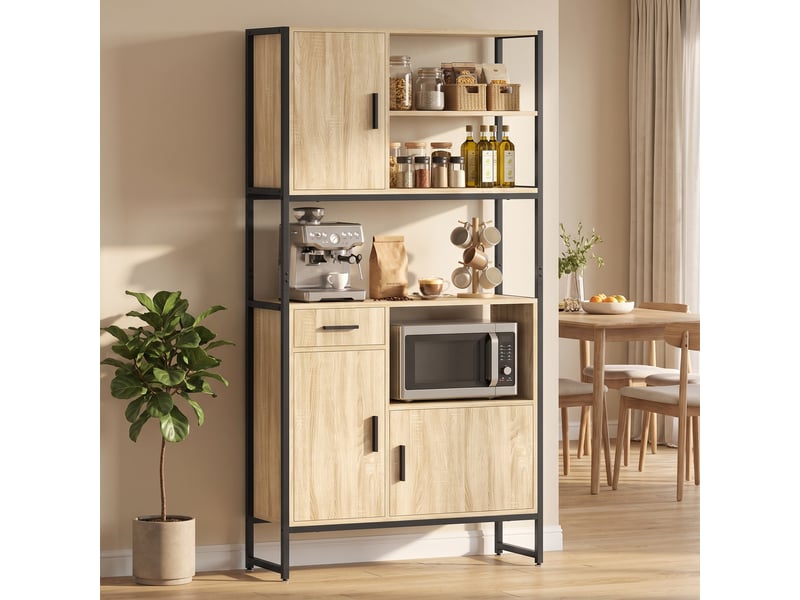  Buffet haut cuisine - meuble micro-onde style industriel - métal noir effet bois naturel  - Conforama B