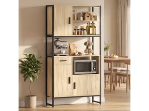 Buffet haut cuisine - meuble micro-onde style industriel - métal noir effet bois naturel