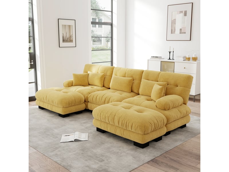  Canapé d'angle modulable convertible avec assise profonde et ottoman, en chenille jaune  - Conforama D