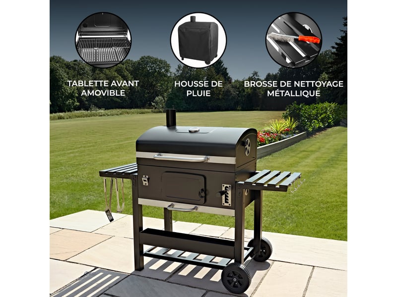  Barbecue fumoir xxl au charbon sur chariot, cuisine extérieure jardin, acier inoxydable noir, 4 aérations, bac réglable, thermomètre, étagères, 217359 - Conforama D