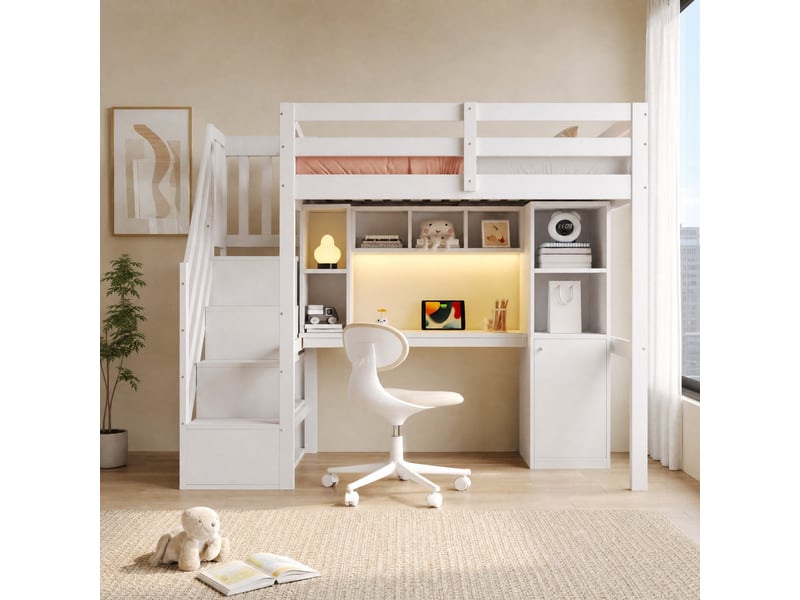  Lit mezzanine avec escalier de rangement étagères led prises européennes et garde-corps en bois blanc 90 × 200 cm  - Conforama B