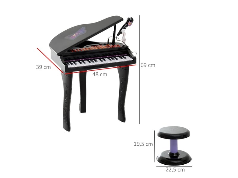 Piano électronique enfant 37 touches noir abs, avec tabouret, microphone et mode d'apprentissage led - Conforama C