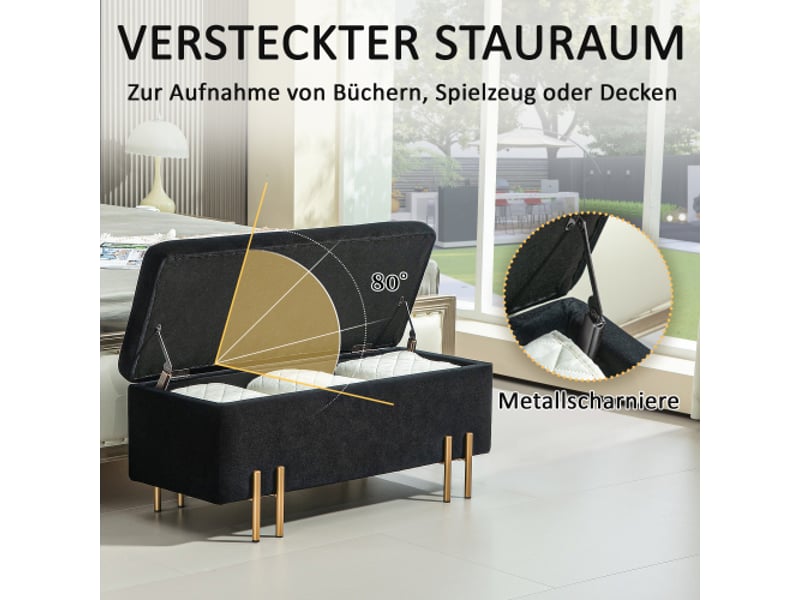  Banc coffre noir rembourré avec rangement, métal, bois d’hévéa et mousse, 100x40x42 cm  - Conforama D