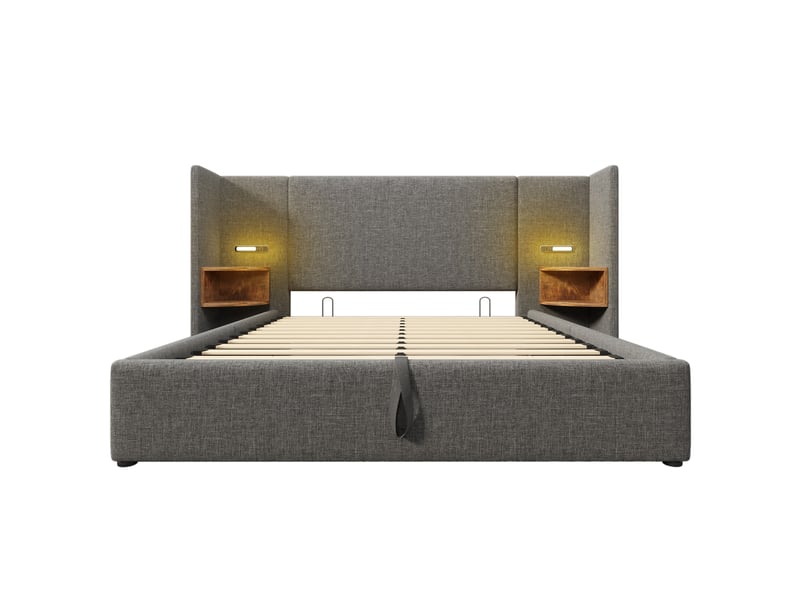  Lit double avec coffre 160x200 cm, tête de lit avec étagère, lampe de lecture, usb, sommier à lattes, tissu lin, gris  - Conforama R