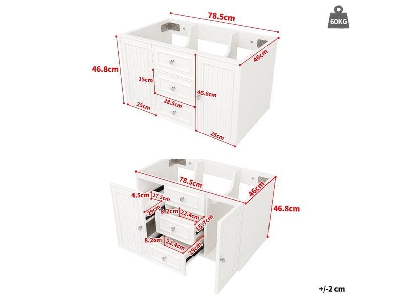  Meuble sous vasque suspendu 78.5 cm blanc avec 3 tiroirs, meuble salle de bain moderne en mdf  - Conforama E