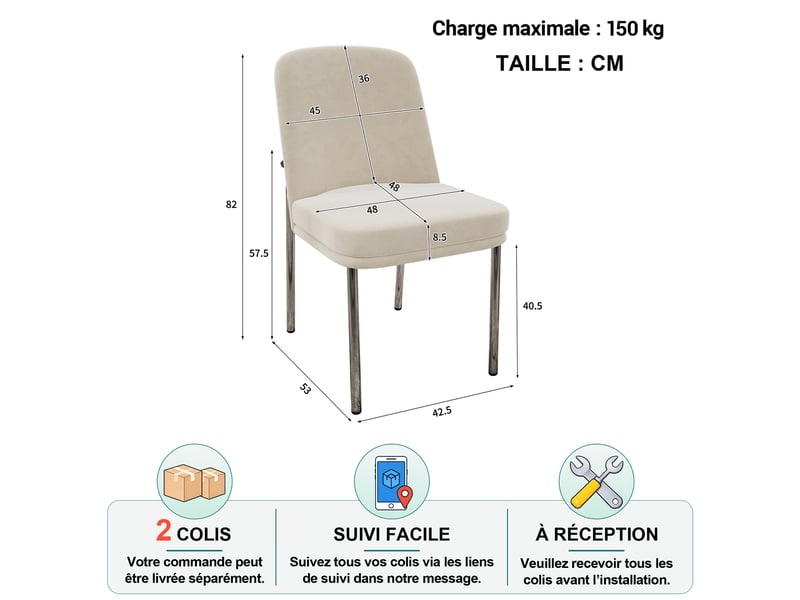  Chaise de salle à manger lot de 4, assise rembourrée, pieds en métal chromé, style minimaliste, velours beige  - Conforama D