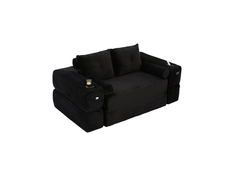 Canapé convertible 2 places en velours côtelé noir avec tiroirs intégrés et accoudoirs amovibles - Conforama A