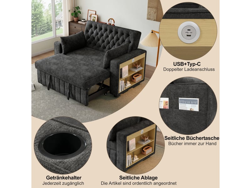 Canapé convertible 2 places gris chenille, canapé lit multifonction avec rangement latéral et usb pour salon moderne - Conforama D