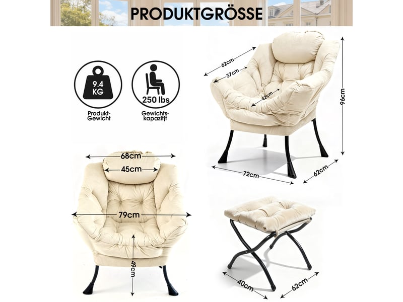  Fauteuil lounge avec repose-pieds 72x62x96cm – fauteuil relax de salon avec poche latérale et structure en métal – tissu velours - beige  - Conforama C