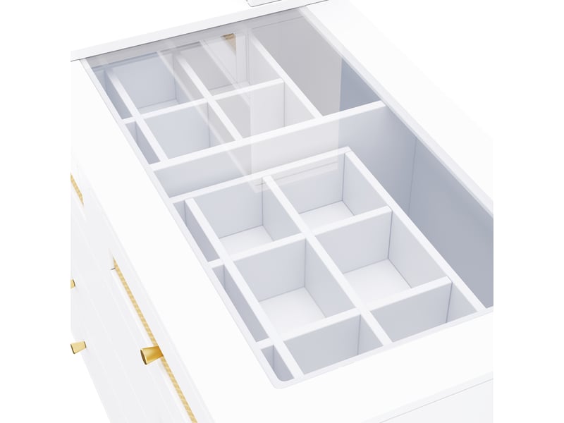  Coiffeuse avec miroir et 10 tiroirs, plateau en verre trempé, détails en rotin, blanc, pour chambre  - Conforama E