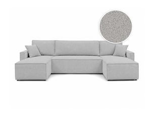 Canapé d'angle panoramique convertible LOUNGITUDE FARAH 6 places Tissu bouclette Gris clair