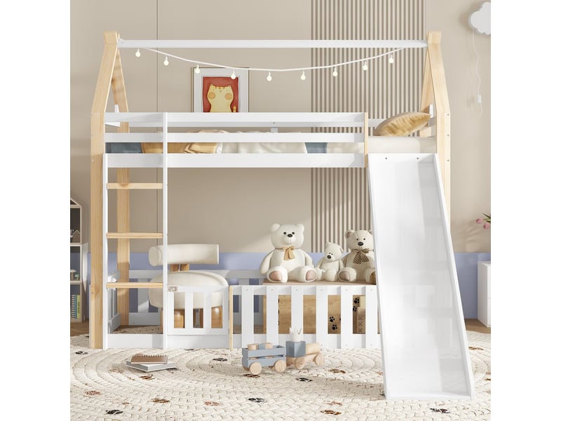  Lit superposé enfant 90x200, sécurité garde-corps lit cabane, toboggan intégré, espace de jeu  - Conforama A