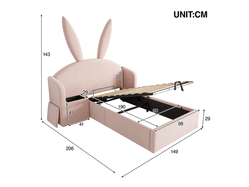  Modenvie lit enfant coffre 90x190 cm - avec rangement intégré, table de chevet réversible, sans matelas - rose  - Conforama C